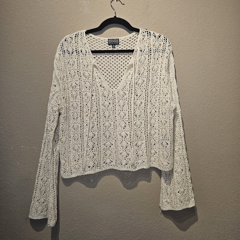 Major Label Group Crochet Open Weave Cream Long Sleeve Top Size Medium